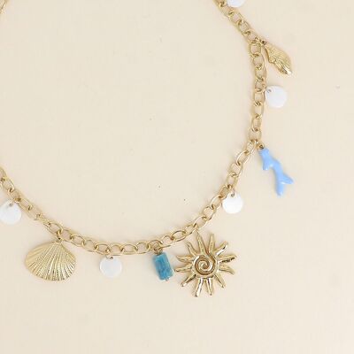Collana - sole, perle, conchiglia piatta, ramo di corallo smaltato e pietra naturale