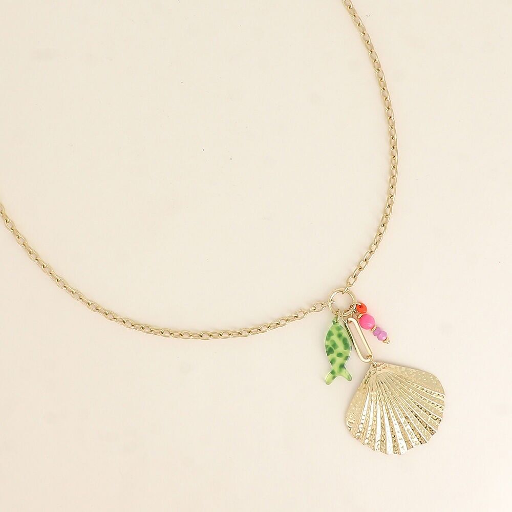 Halskette - große Muschel, Harzfisch und Perlen