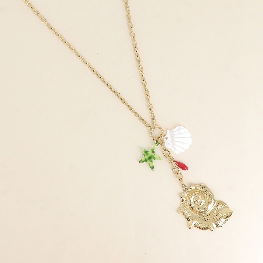 Y-Halskette - große Muschel, Perlmuschel, Harzseestern und Perlen