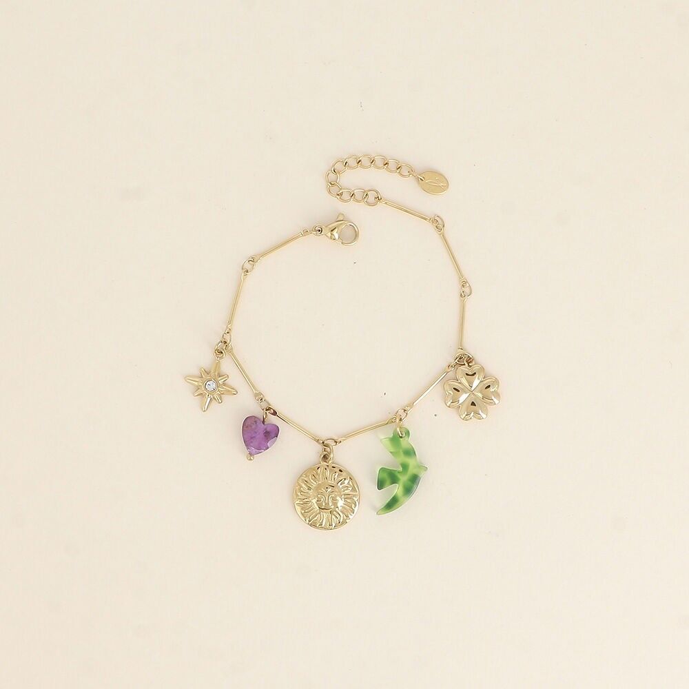 Armband - Sonne, Harzvogel, Kleeblatt, Nordstern und Natursteinherz