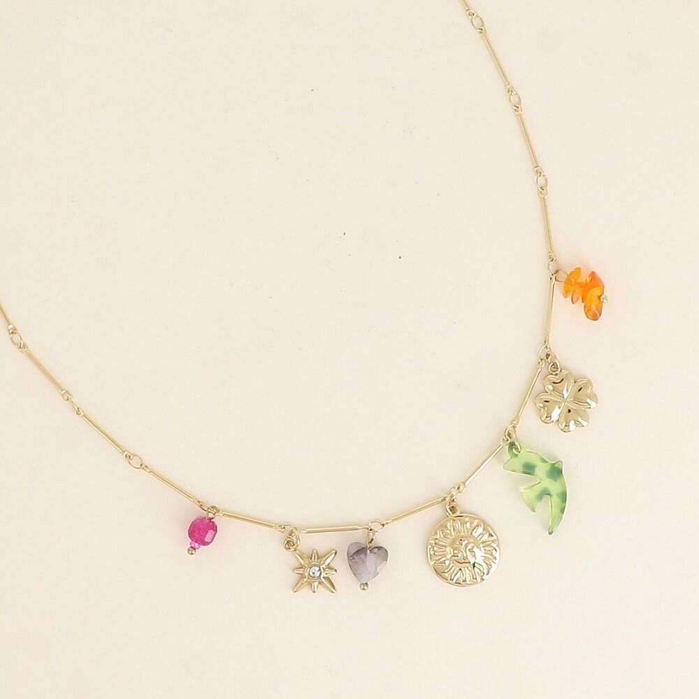 Halskette - Sonne, Harzvogel, Kleeblatt, Nordstern und Natursteinherz