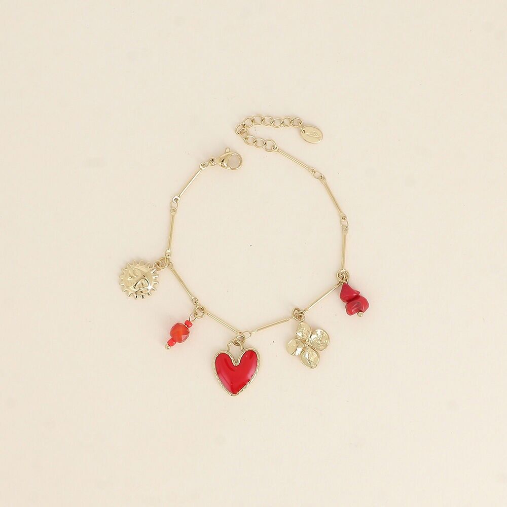 Pulsera - sol, corazón de esmalte, trébol, estrella del norte y piedras naturales