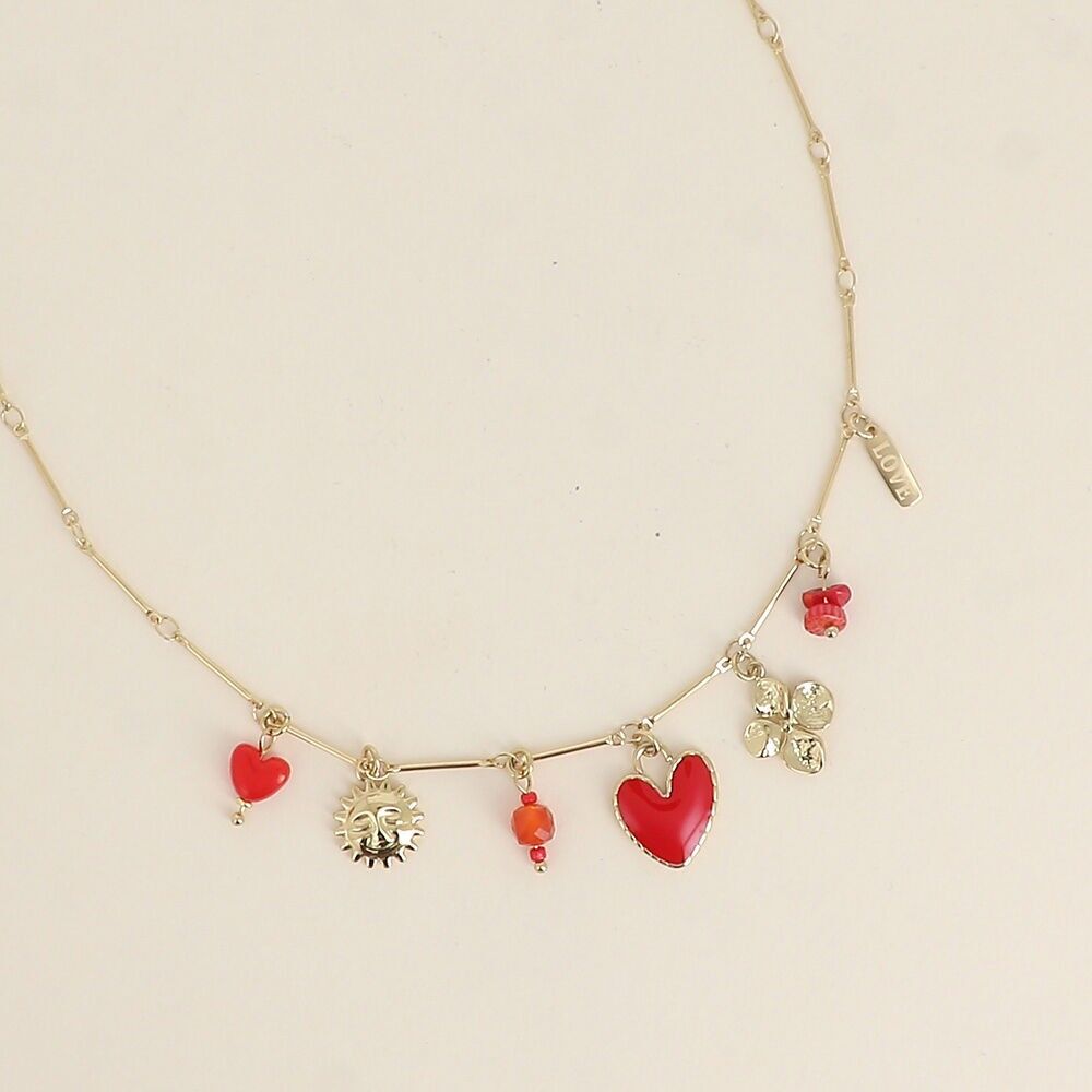 Collar - sol, corazón de esmalte, trébol, estrella del norte y piedras naturales