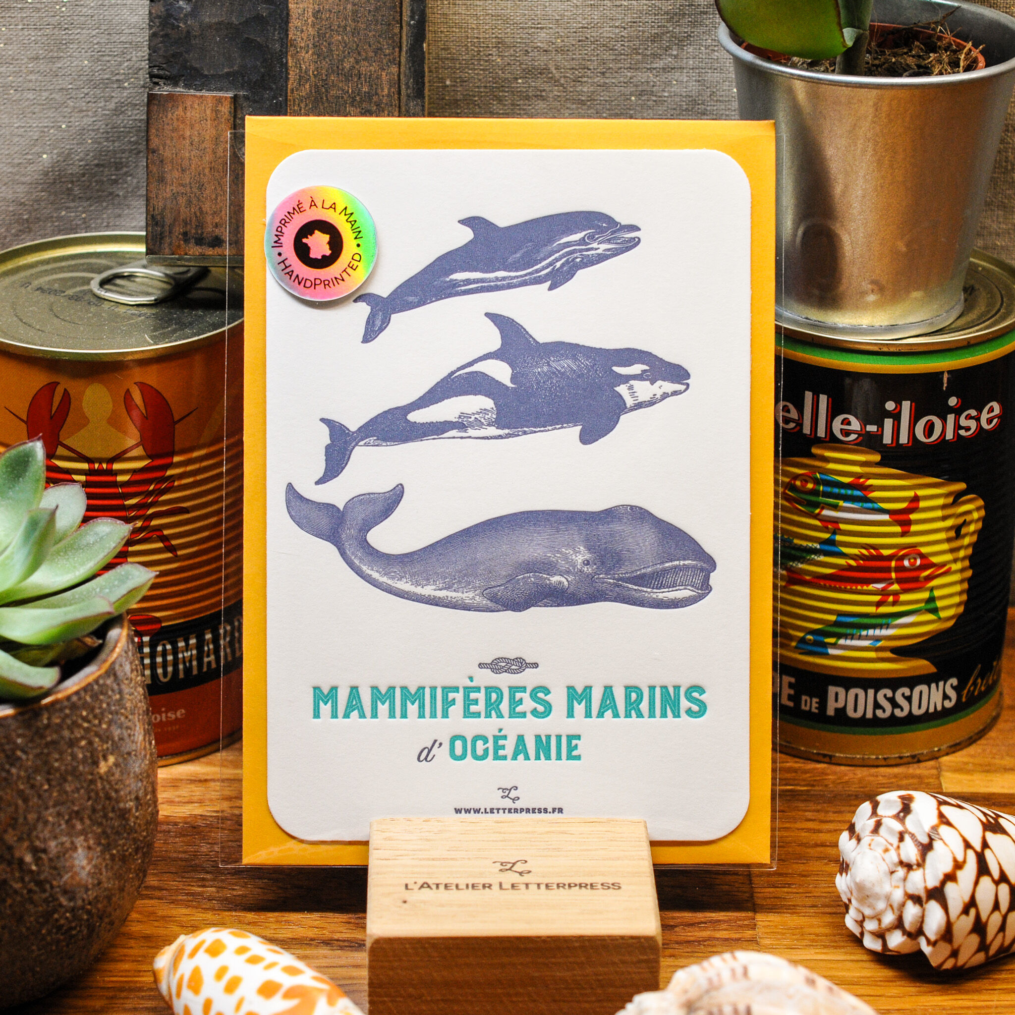 Letterpress card of Oceania's marine mammals (with envelope), sea, summer, vintage, very thick paper, embossed, blue, turquoise