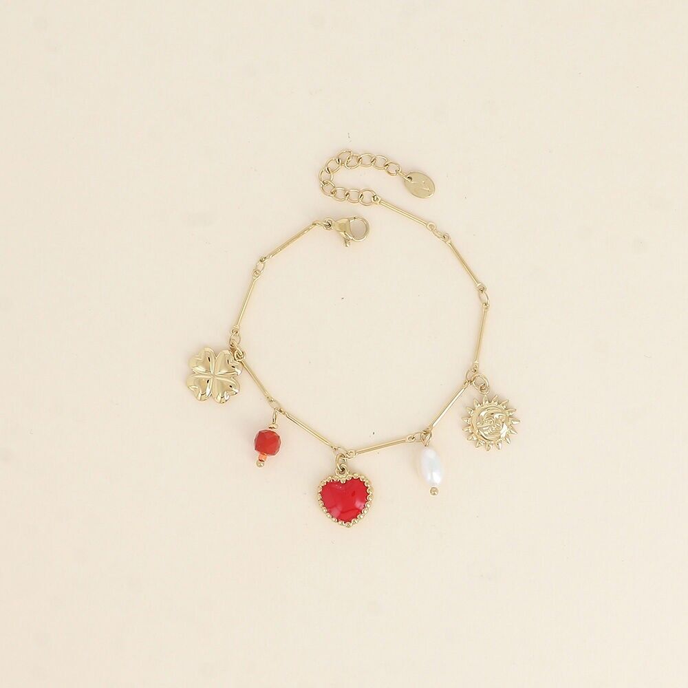 Pulsera - eclipse, corazón de esmalte, trébol, perlas y perla de agua dulce