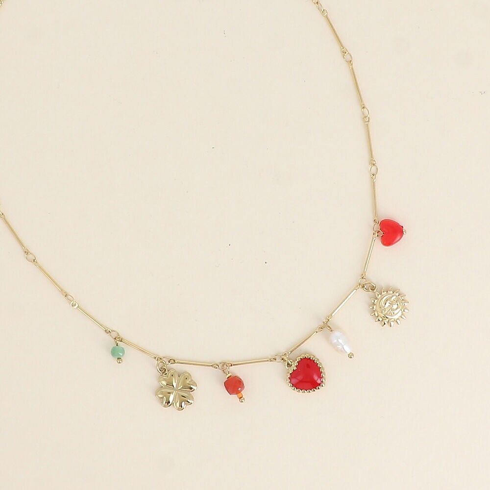 Collar - eclipse, corazón de esmalte, trébol, perlas y perla de agua dulce