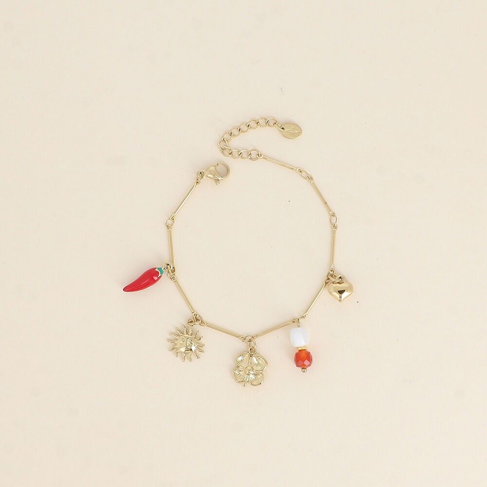 Pulsera - sol, chile esmaltado, trébol, perlas y corazón
