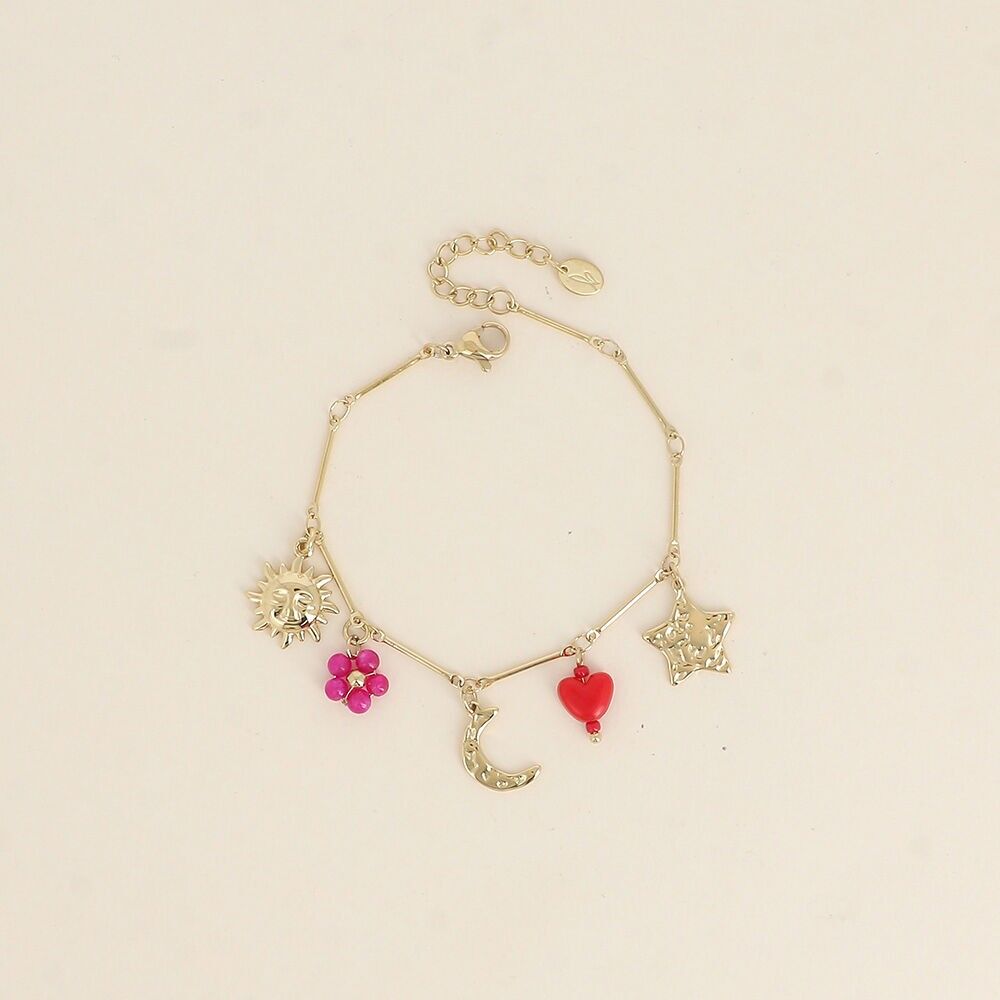 Pulsera - sol, luna, estrella, corazón y flor