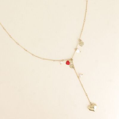 Collana a forma di Y - nappe a forma di cuore, madreperla e perle d'acqua dolce