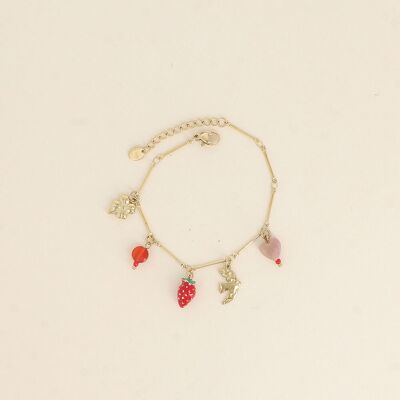 Bracciale - perle, trifoglio, fragola smaltata, uccello