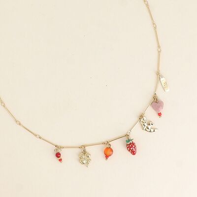 Necklace - pearls, clover, enamel strawberry, bird