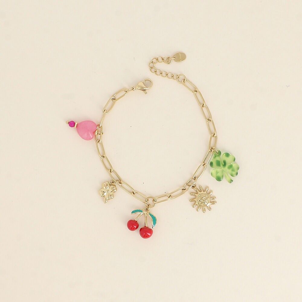 Pulsera - tréboles, sol, cereza esmaltada, cuenta de corazón