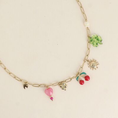 Collana - trifogli, sole, ciliegia smaltata, perla a forma di cuore