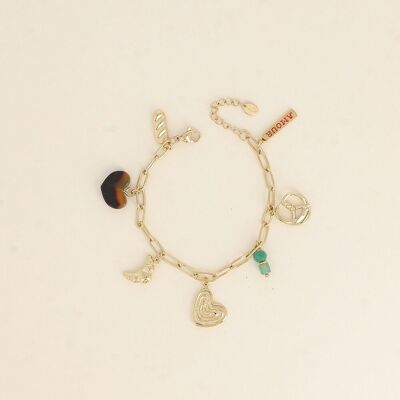 Pulsera - corazones, placa LOVE de esmalte, croissant, pretzel y cuentas