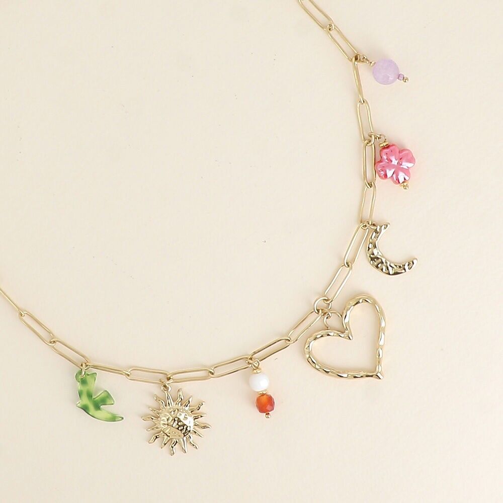 Collar - sol, corazón, luna, perlas y trébol