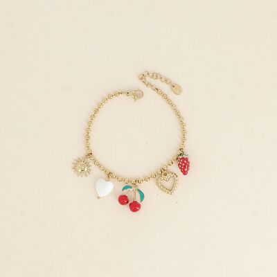 Pulsera - sol, corazones, cereza y fresa en esmalte