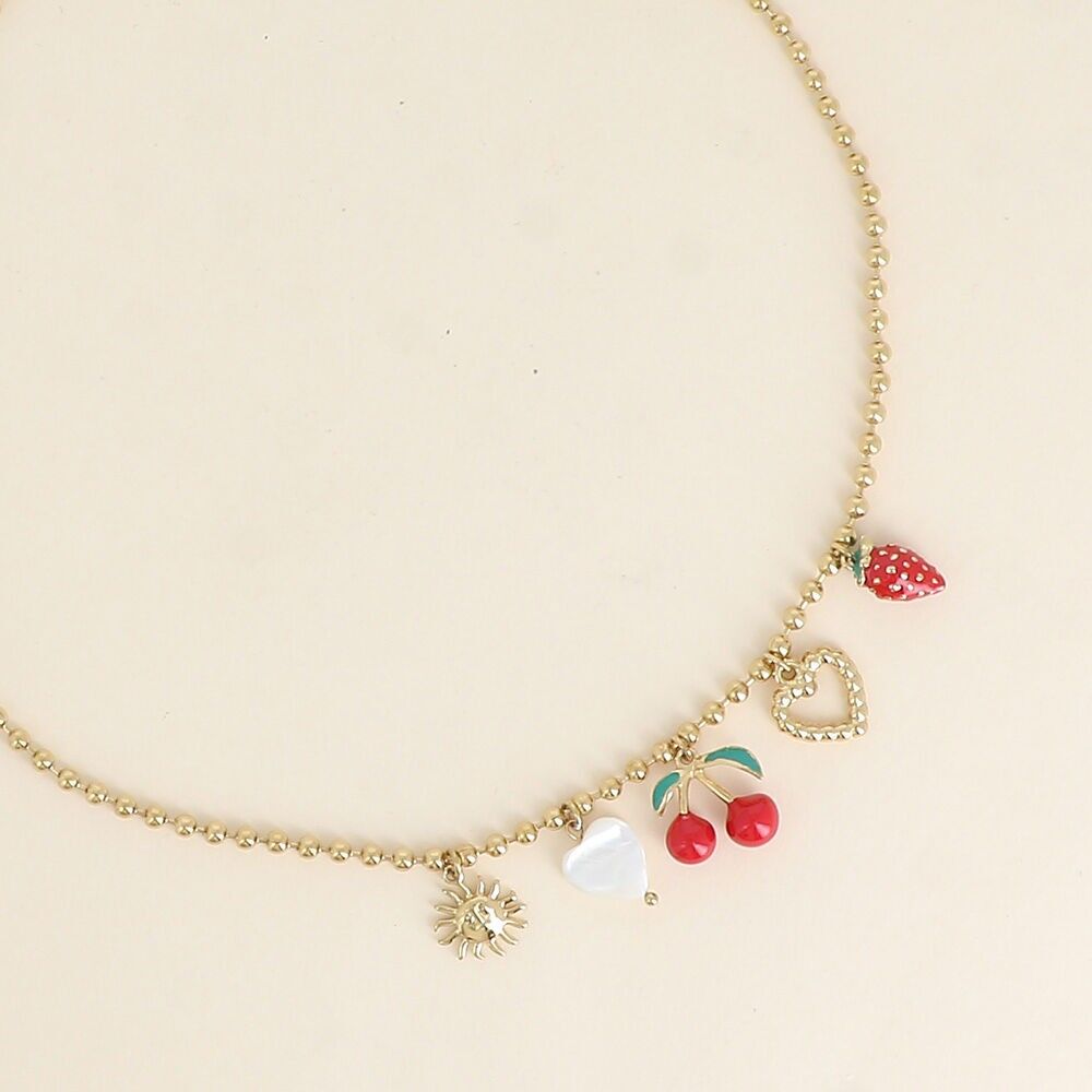 Collar - sol, corazones, cereza y fresa en esmalte