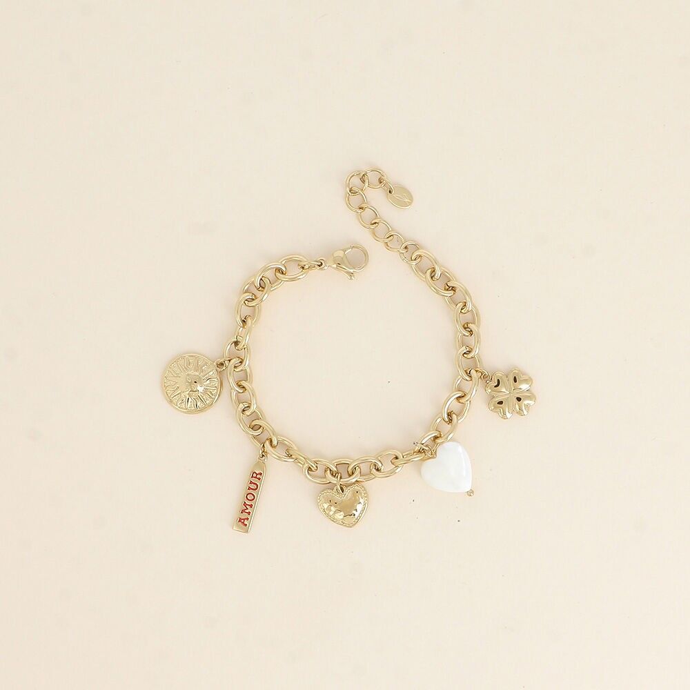 Pulsera - sol, placa LOVE de esmalte, corazones, trébol