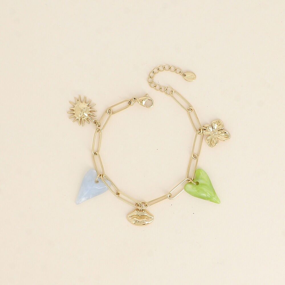Pulsera - trébol, corazones de acetato, boca, sol