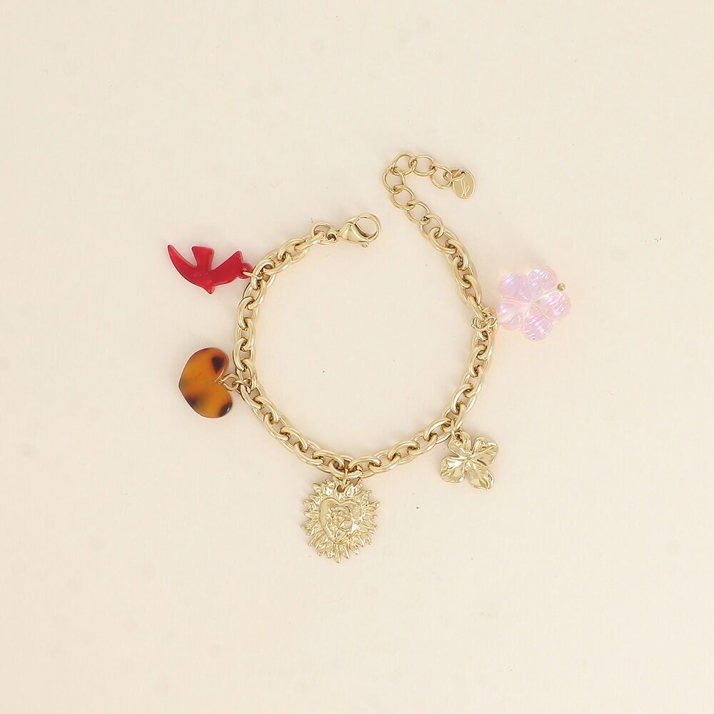 Pulsera - pájaro y corazón de resina, corazón martillado, trébol, perla de flor