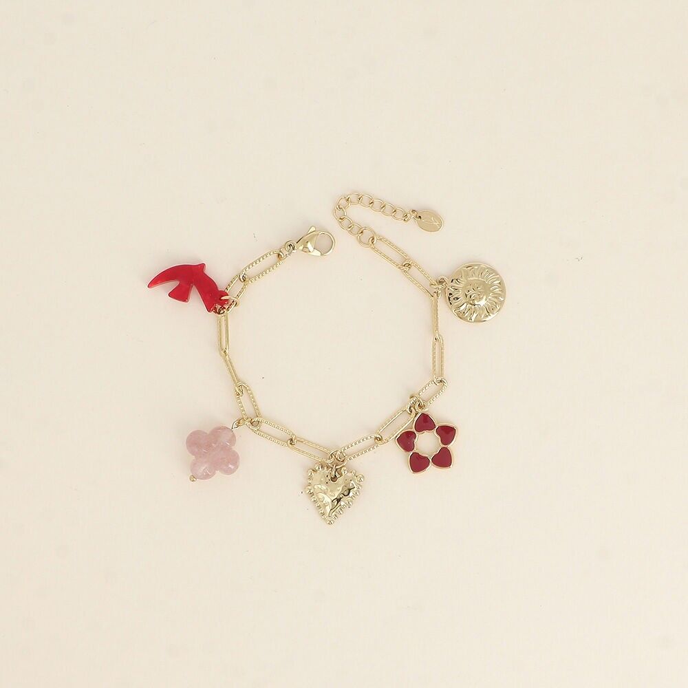 Pulsera - pájaro de resina y trébol, corazón, flor de esmalte, sol
