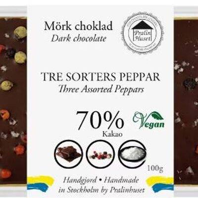 70% Vegan Dark Chocolate - Three Assorted Peppers (100g)