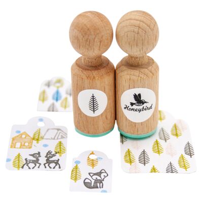 artigianato - Mini timbro in gomma - Pino | Montato su legno | Per journaling, biglietti e etichette regalo