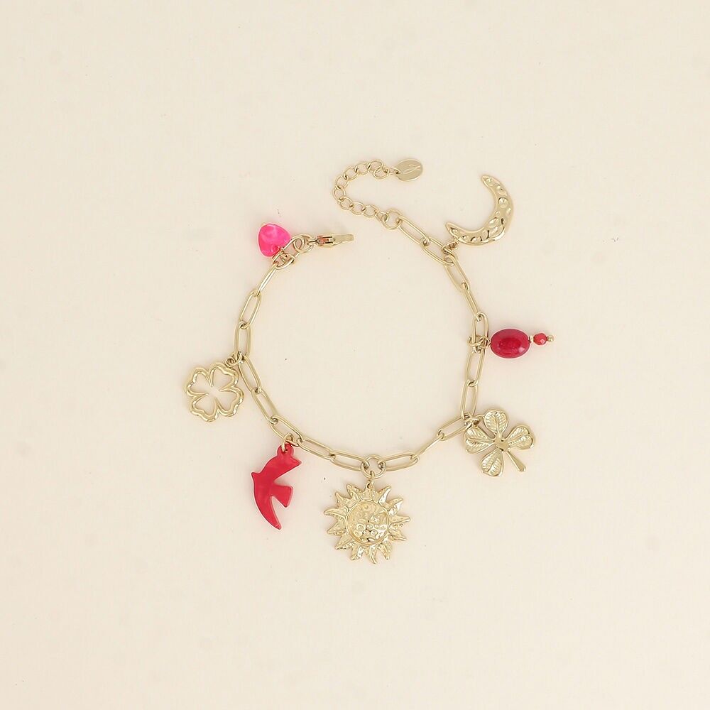 Pulsera - tréboles, sol, luna, pájaro, perlas