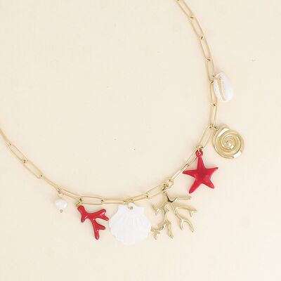 Collier - pièce en forme de corail, coquillage nacré, perle d'eau douce et étoile de mer en résine colorée