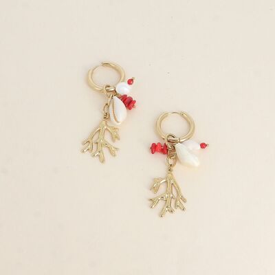 Creoles - coral-shaped piece, pearly piece, natural stones and natural cowrie