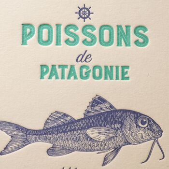 Carte Letterpress Poissons de Patagonie, mer, été, vintage, papier très épais, relief, bleu, turquoise 2