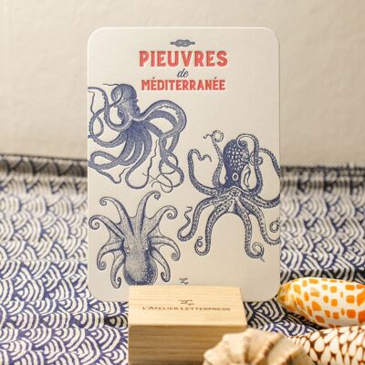 Mediterrane Oktopus-Buchdruckkarte, Meer, Sommer, Fisch, Vintage, sehr dickes Papier, Relief, blau, rot