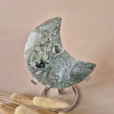 Pierre précieuse XL en agate mousse Lune sur support (druzy et motifs) n° 185 - 175 g