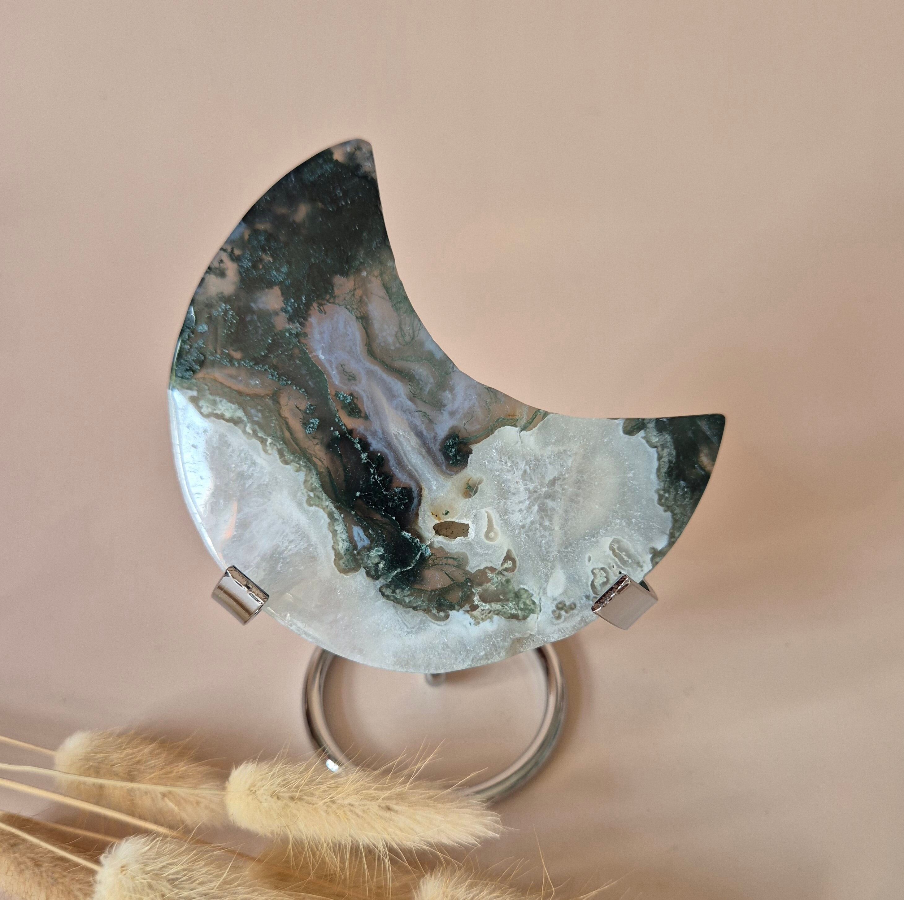 XL Edelstein Moosachat Mond auf Ständer (Druzy & Muster) Nr. 187 – 153 g