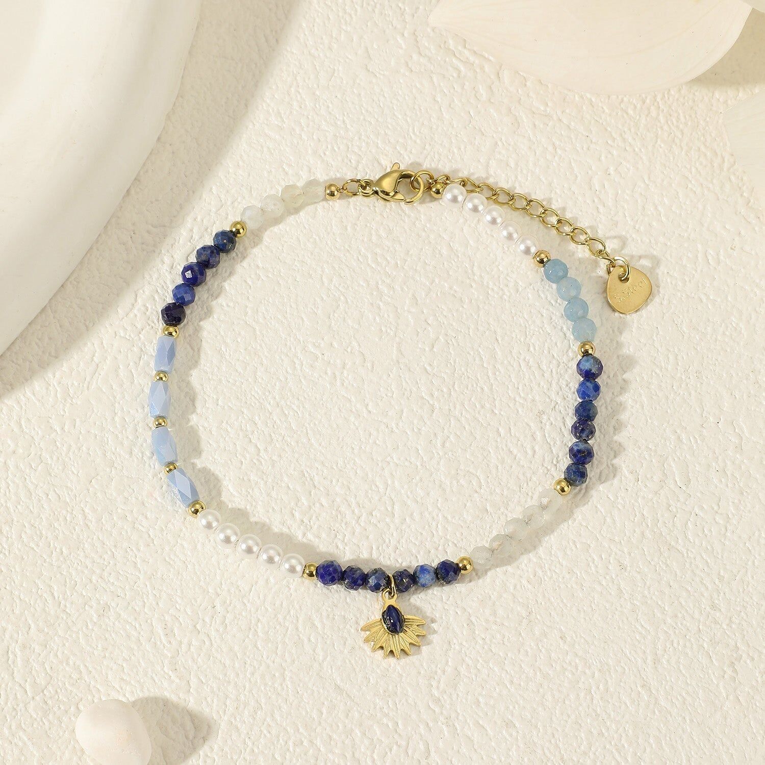 Bracciale a catena dorata Ciondolo fiore in pietra lapislazzuli