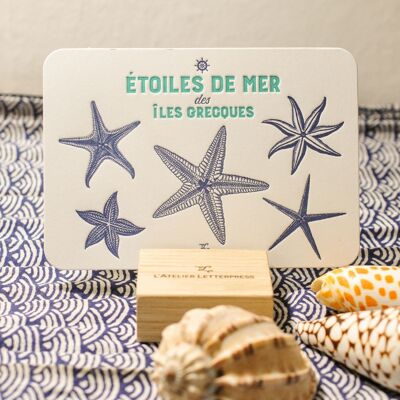 Tarjeta de tipografía de estrella de mar de las islas griegas, verano, vintage, papel muy grueso, relieve, pez, azul, turquesa