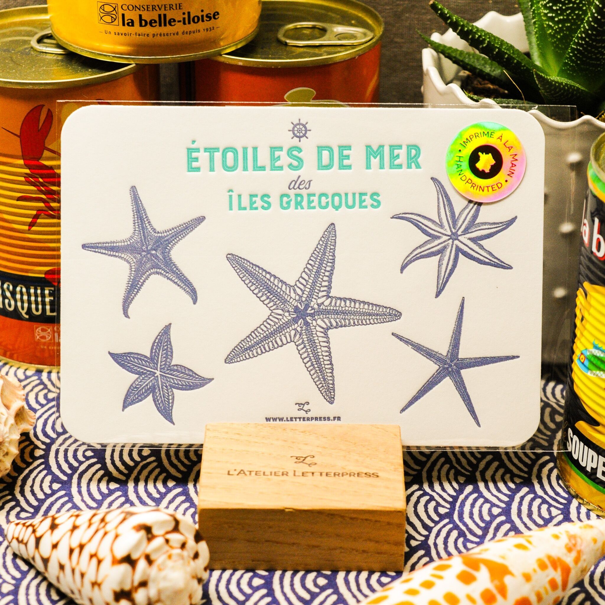 Isole greche Starfish Letterpress Card, estate, vintage, carta molto spessa, rilievo, pesce, blu, turchese
