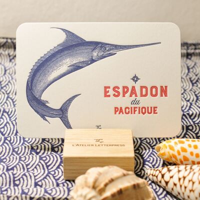 Carte Letterpress Espadon du Pacifique, mer, été, poisson, vintage, papier très épais, relief, bleu, rouge