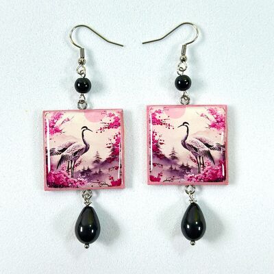 Boucles d'oreilles en bois et résine - Hérons roses et noirs
