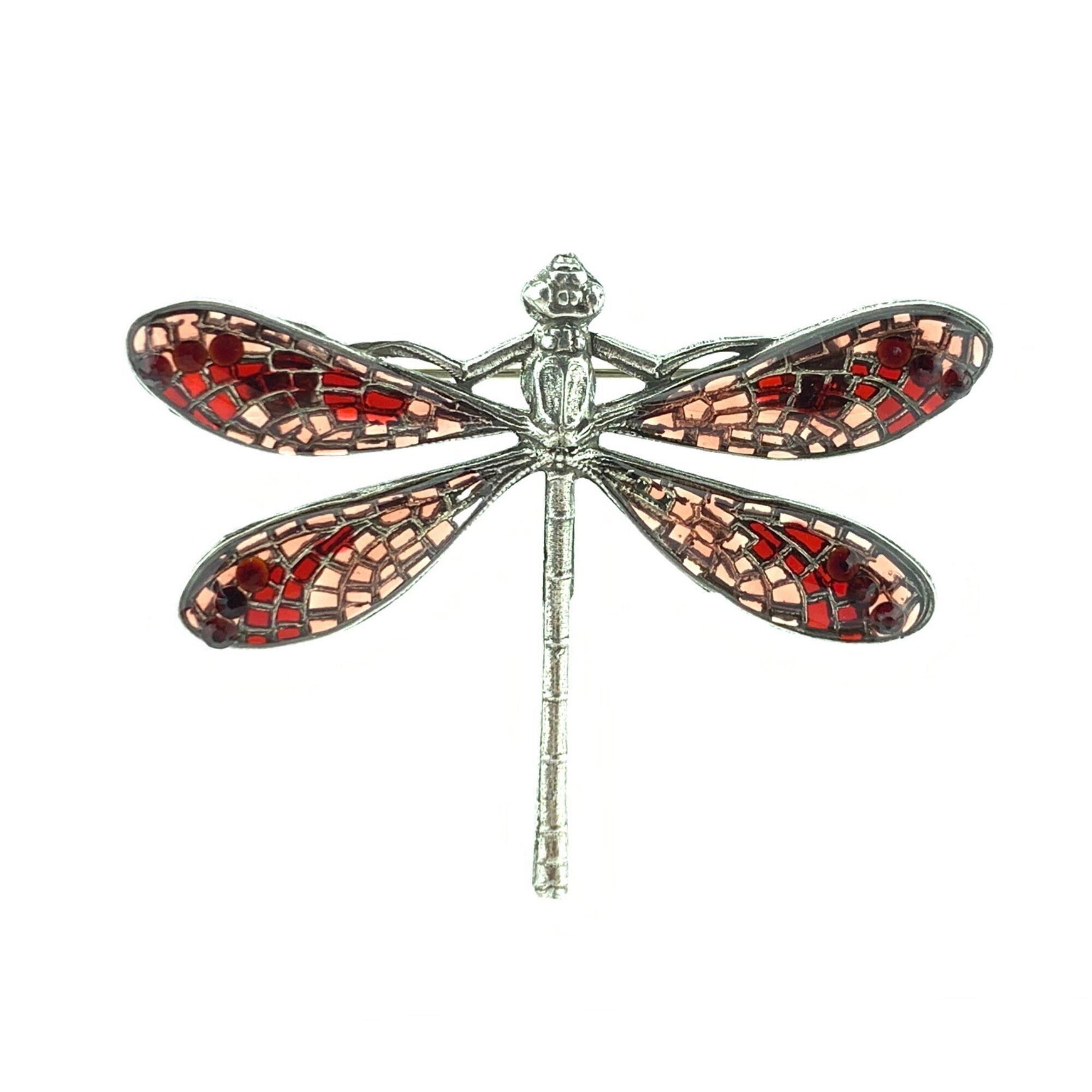 Stained Glass Dragonfly Brooch - Red/Coral (stained glass effect)