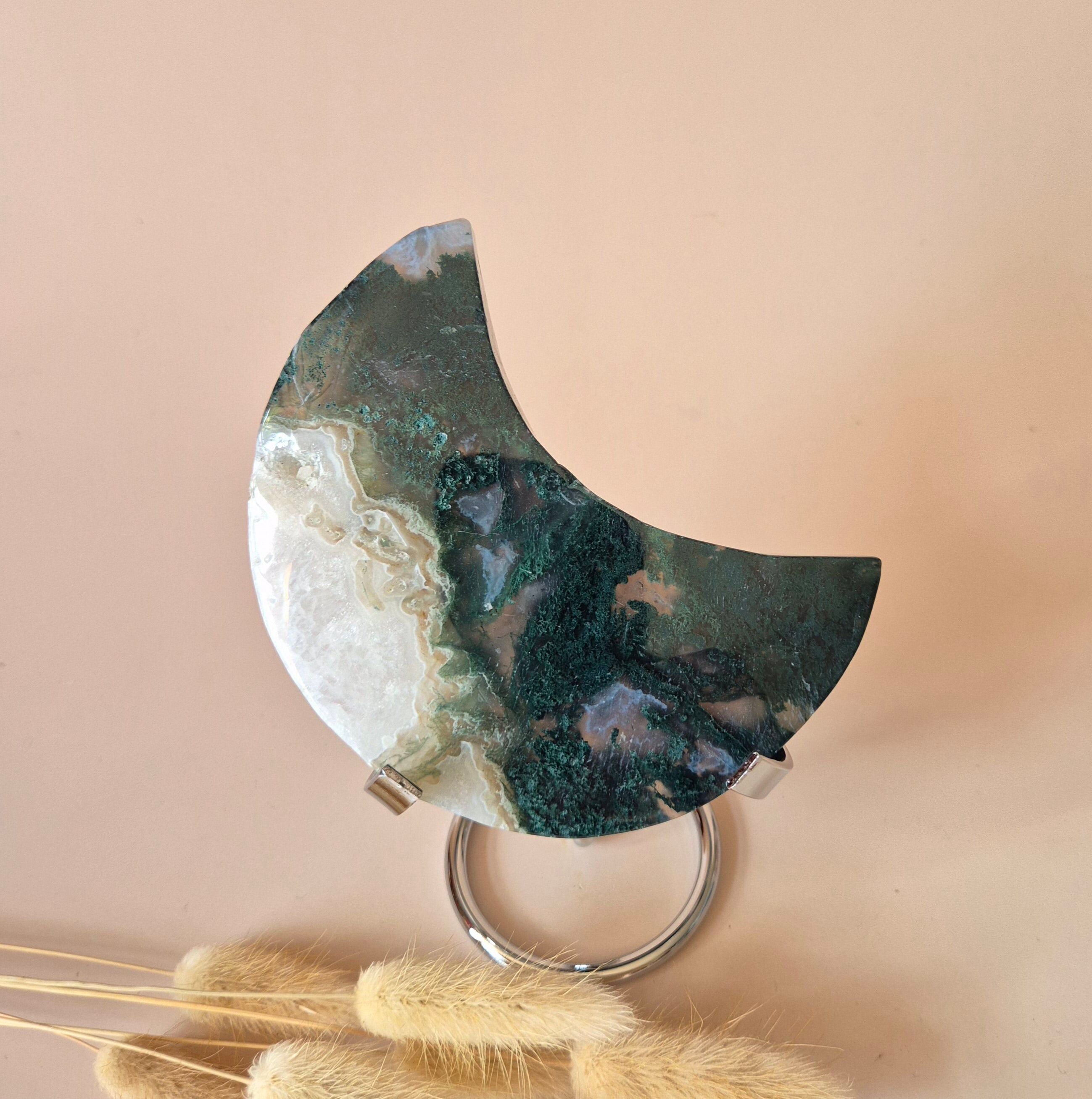 XL Edelstein Moosachat Mond auf Ständer (Druzy & Muster) Nr. 161 – 182 g