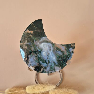 Pierre précieuse XL en agate mousse Lune sur support (druzy et motifs) n° 164 - 155 g