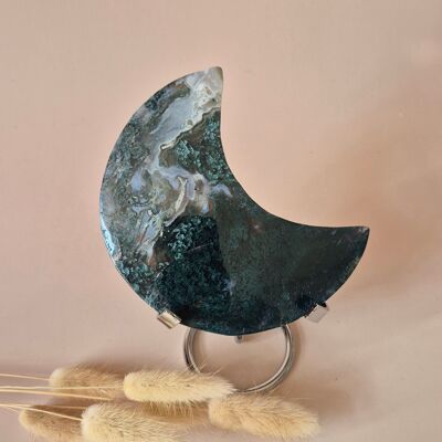 Pierre précieuse XL en agate mousse Lune sur support (druzy et motifs) n° 169 - 258 g
