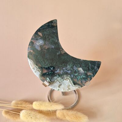 Pierre précieuse XL en agate mousse Lune sur support (druzy et motifs) n° 170 - 252 g