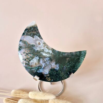 Pierre précieuse XL en agate mousse Lune sur support (druzy et motifs) n° 172 - 260 g