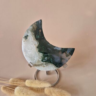 Pierre précieuse XL en agate mousse Lune sur support (druzy et motifs) n° 174 - 193 g