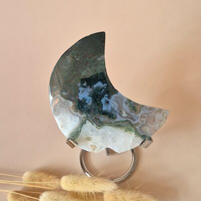 Pierre précieuse XL en agate mousse Lune sur support (druzy et motifs) n° 175 - 215 g