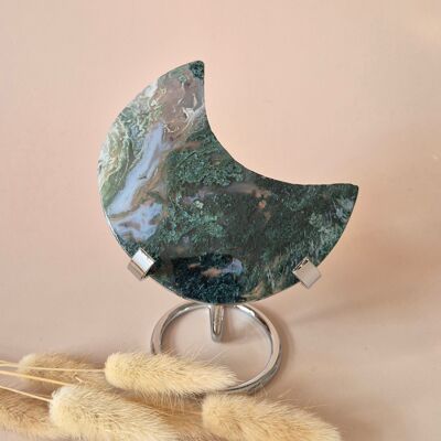 Pierre précieuse XL en agate mousse Lune sur support (druzy et motifs) n° 176 - 200 g