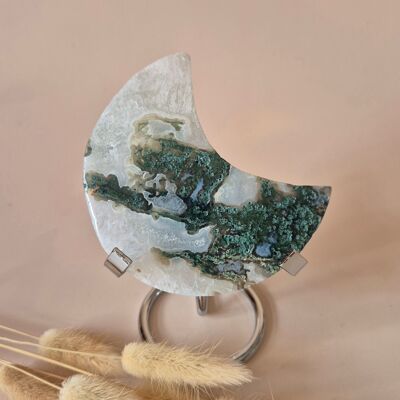 Piedra preciosa XL de ágata musgosa en forma de luna con soporte (druz y patrones) n.° 186 - 173 g