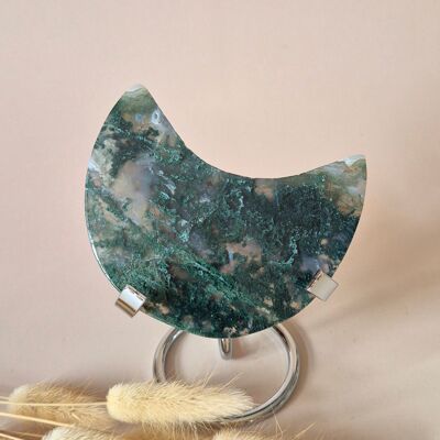 Pierre précieuse XL en agate mousse Lune sur support (druzy et motifs) n° 189 - 157 g